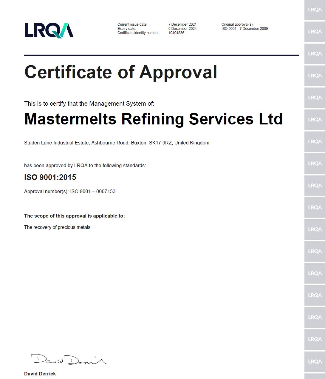 Refining – ISO 9001 Quality Management LRQ 4005561